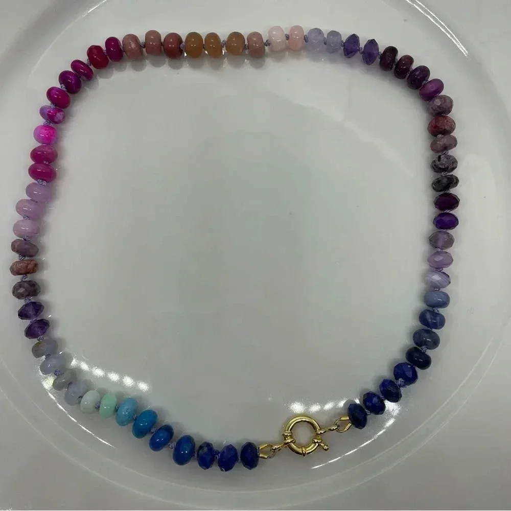 Rainbow hand knotted beaded gemstone necklace 18” blue pink purple 925 silver - Picture 4 of 7